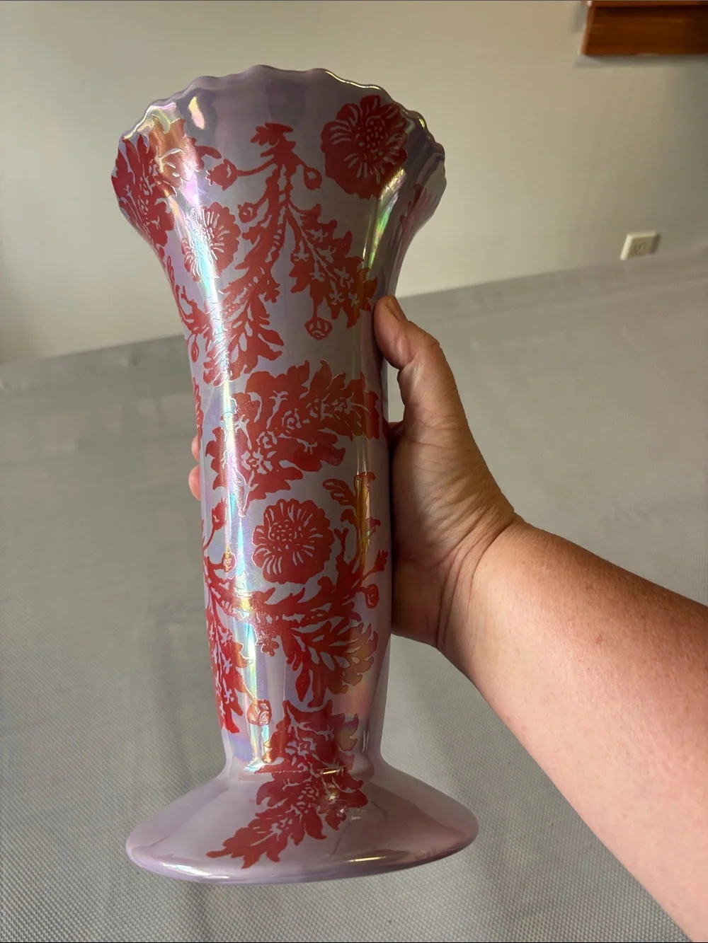 Anthropologie Iridescent Pink lavender Glass Vase with Red Floral Pattern NWOT